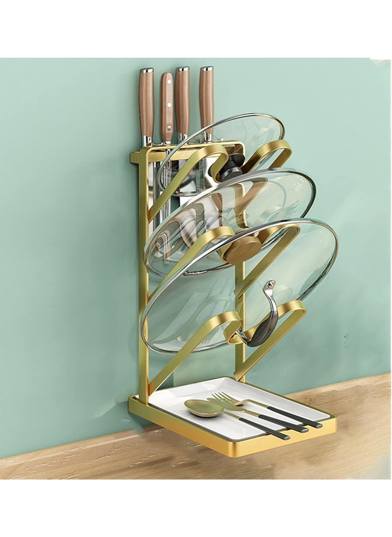 Multifunctional 3-Layer Pot Lid Holder & Kitchen Organizer - Wall Mounted Utensil Rack with Spoon Rest, Knife Rack, Pan Stand, and Cutting Board Holder - Space-Saving Cooking Accessories for Modern Kitchens