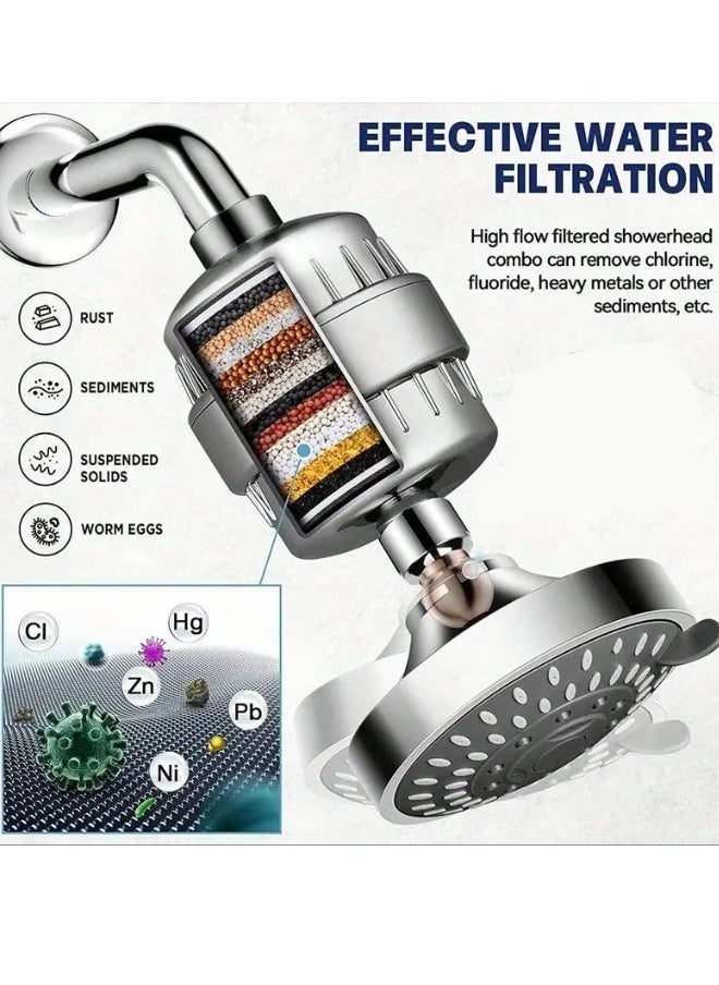 Filtered Shower Head 20 Stage - 5 Modes Adjustable Shower Filter, Combo High Pressure Rain Shower Heads Filter for Hard Water Detachable 5 Modes Adjustable Water Softener Remove Chlorine Fluoride