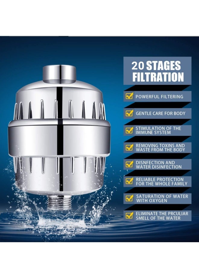 Filtered Shower Head 20 Stage - 5 Modes Adjustable Shower Filter, Combo High Pressure Rain Shower Heads Filter for Hard Water Detachable 5 Modes Adjustable Water Softener Remove Chlorine Fluoride