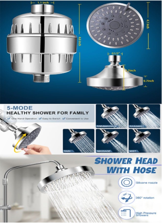 Filtered Shower Head 20 Stage - 5 Modes Adjustable Shower Filter, Combo High Pressure Rain Shower Heads Filter for Hard Water Detachable 5 Modes Adjustable Water Softener Remove Chlorine Fluoride