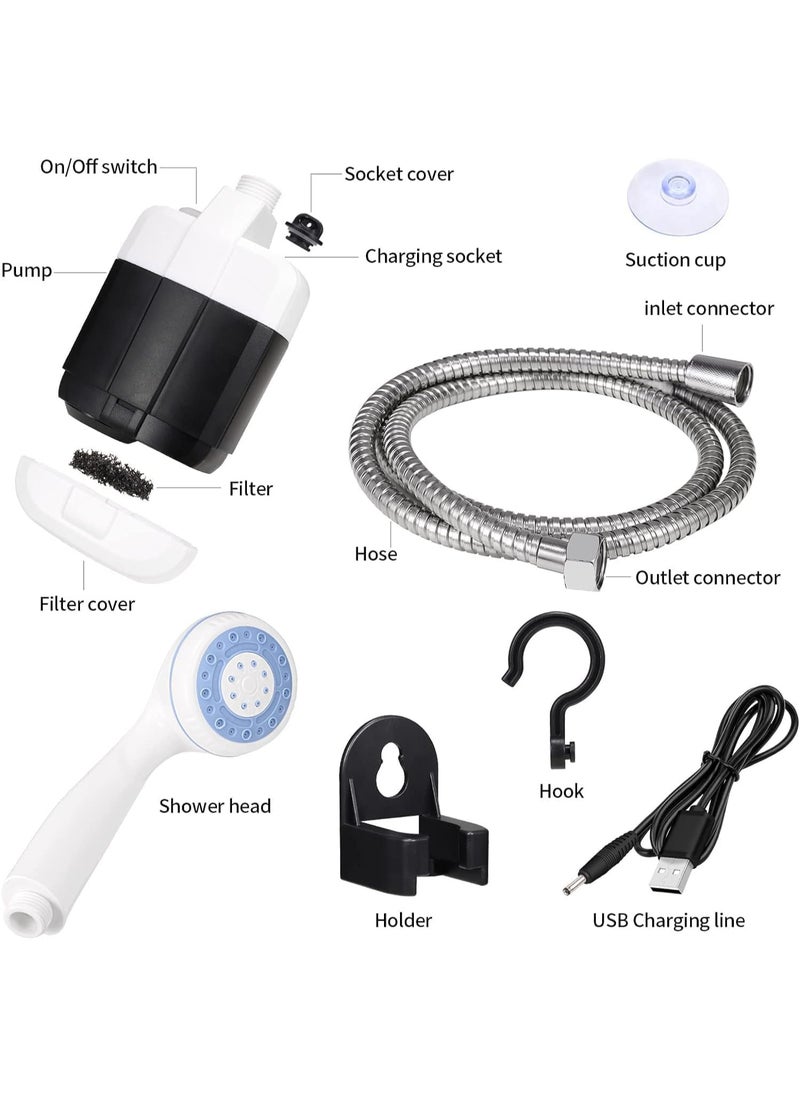 Portable Camping Shower with Rechargeable Battery, Compact Handheld Electric Shower Set for Outdoor Use, Trips, Pet Bathing and Gardening, Includes 1.5M Hose, Shower Head, Holder, Hook, Suction Cup, USB Charging Cable and Water Pump