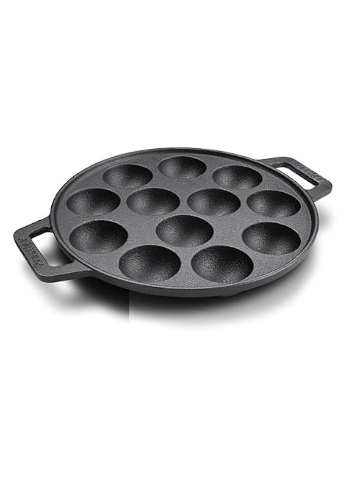 Cast Iron Appam Pan 26 CM | Duel Handle Appam Pan | Pre Seasoned Induction Cast Iron Cookware Black