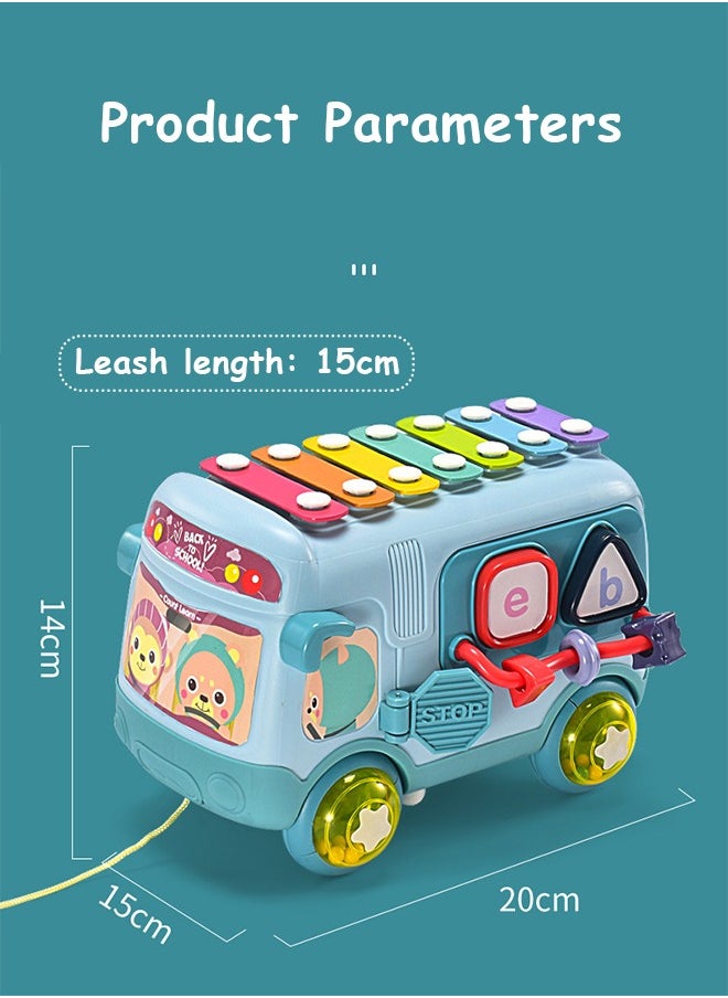 Baby Musical Push And Pull Bus Toys, Multifunctional Music Bus with Xylophone Instruments Shape Sorting Building Blocks And Removable Wheel Bell Montessori Educational Toy for Toddlers