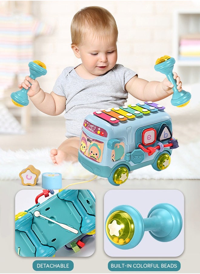 Baby Musical Push And Pull Bus Toys, Multifunctional Music Bus with Xylophone Instruments Shape Sorting Building Blocks And Removable Wheel Bell Montessori Educational Toy for Toddlers