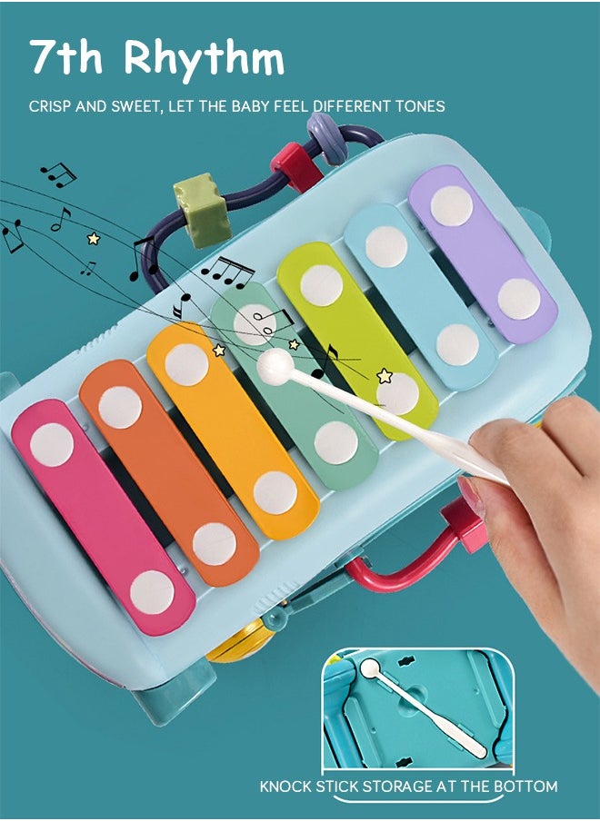 Baby Musical Push And Pull Bus Toys, Multifunctional Music Bus with Xylophone Instruments Shape Sorting Building Blocks And Removable Wheel Bell Montessori Educational Toy for Toddlers