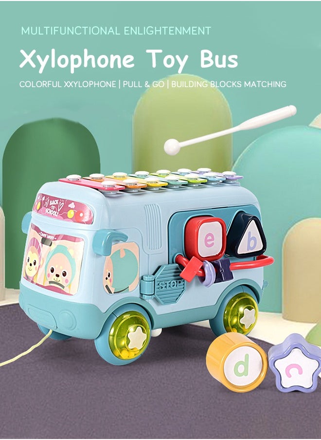 Baby Musical Push And Pull Bus Toys, Multifunctional Music Bus with Xylophone Instruments Shape Sorting Building Blocks And Removable Wheel Bell Montessori Educational Toy for Toddlers