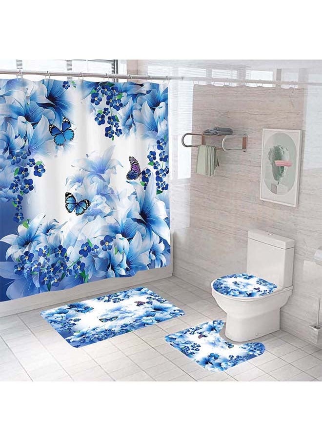 4-Piece Digital Print Shower Curtain And Floor Mat Set Multicolour 180x180cm