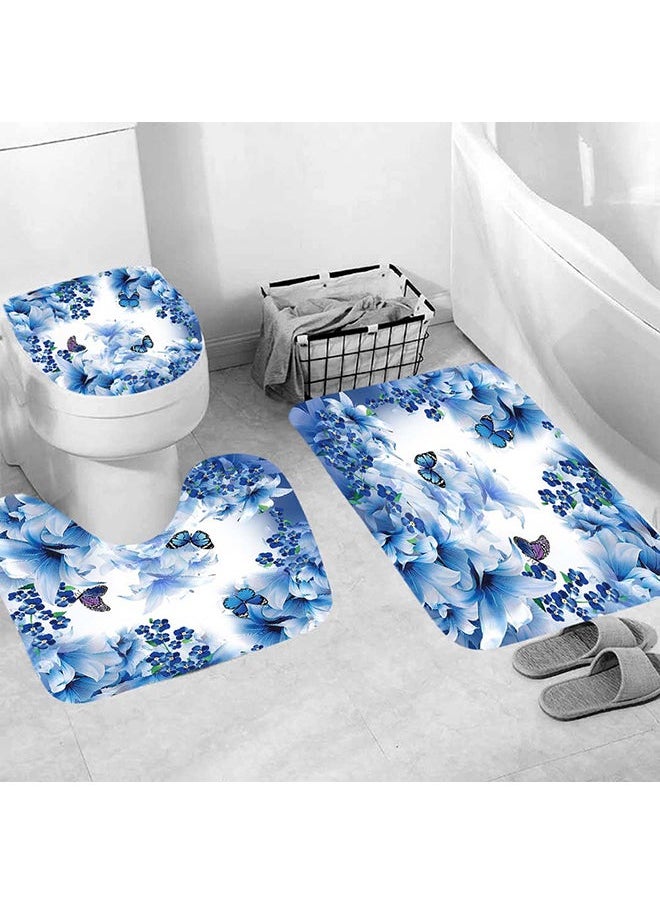 4-Piece Digital Print Shower Curtain And Floor Mat Set Multicolour 180x180cm