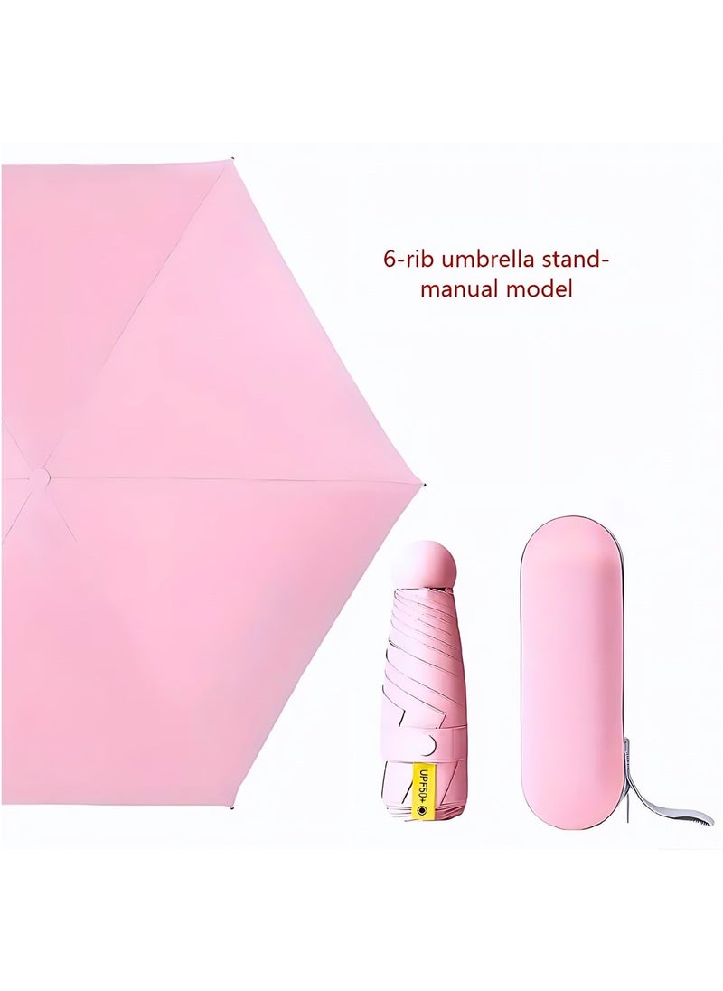 Portable UV Protection Umbrella - windproof, small - compact, lightweight, sturdy, mini, folding and portable for men and women, 5-foldlightweightseries-6bones+capsules (Pink)