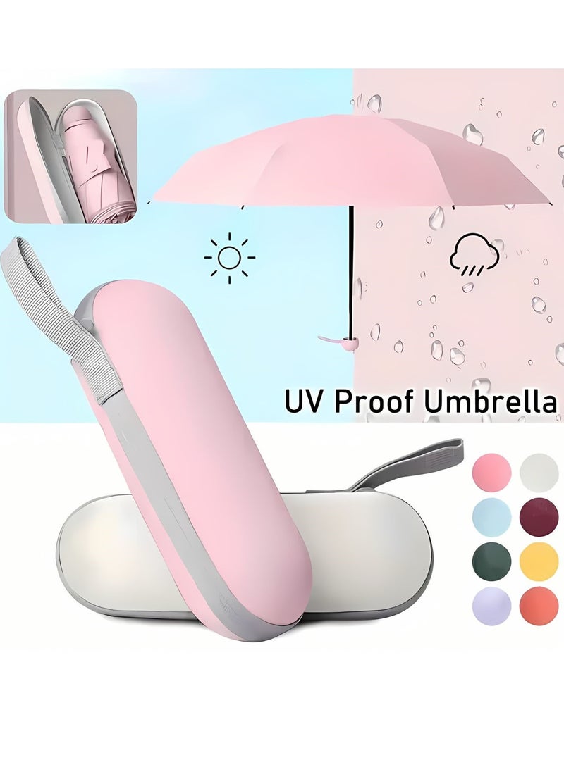 Portable UV Protection Umbrella - windproof, small - compact, lightweight, sturdy, mini, folding and portable for men and women, 5-foldlightweightseries-6bones+capsules (Pink)