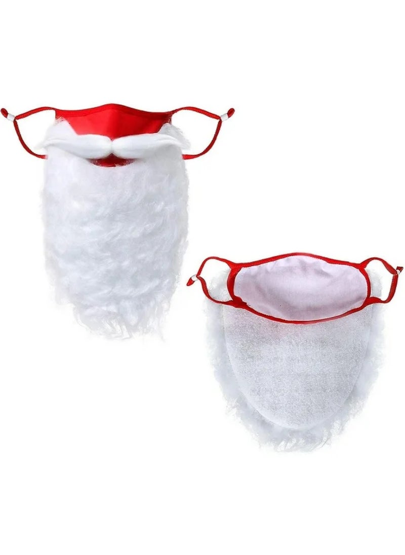 Santa Claus Face Mask with Beard - Festive Red Mask with Attached White Faux Beard and Mustache for Christmas Fun