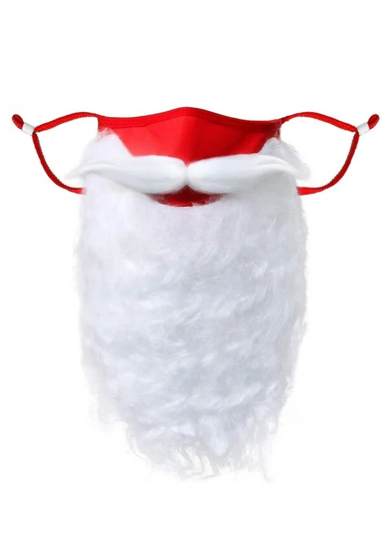 Santa Claus Face Mask with Beard - Festive Red Mask with Attached White Faux Beard and Mustache for Christmas Fun