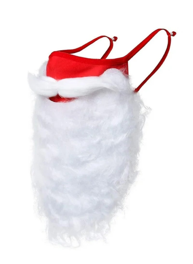 Santa Claus Face Mask with Beard - Festive Red Mask with Attached White Faux Beard and Mustache for Christmas Fun