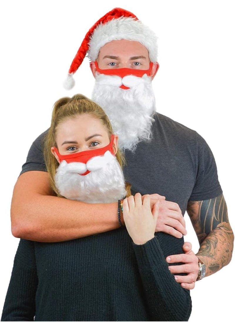 Santa Claus Face Mask with Beard - Festive Red Mask with Attached White Faux Beard and Mustache for Christmas Fun