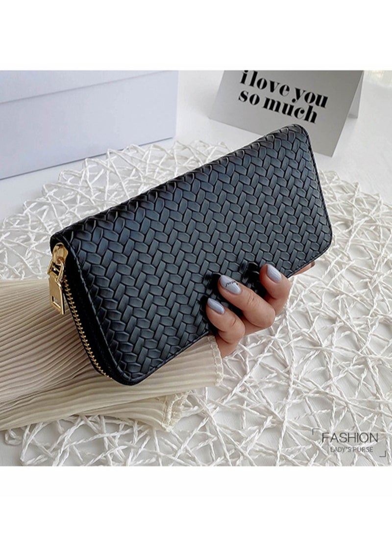 Fashionable PU leather woven wallet  zero wallet new trendy women's wallet  medium to long zipper handbag Black.