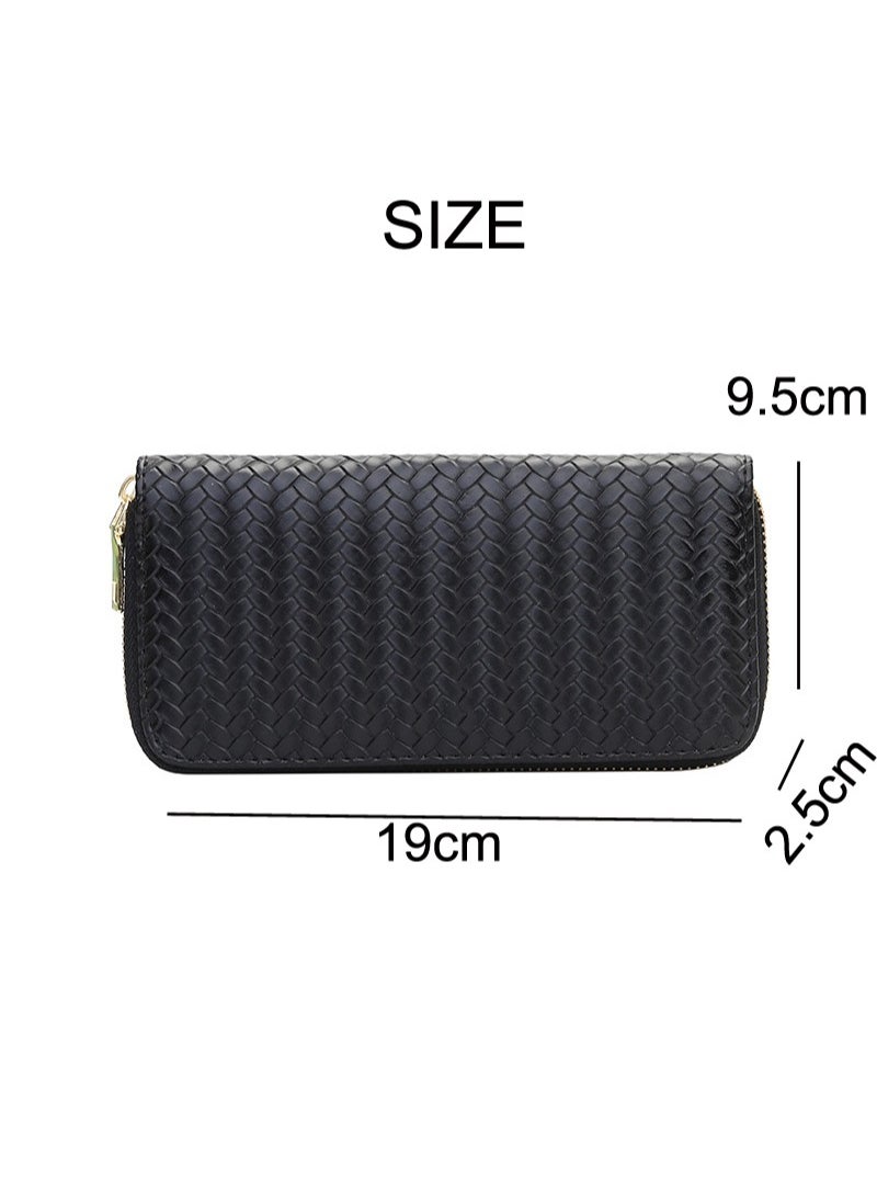 Fashionable PU leather woven wallet  zero wallet new trendy women's wallet  medium to long zipper handbag Black.