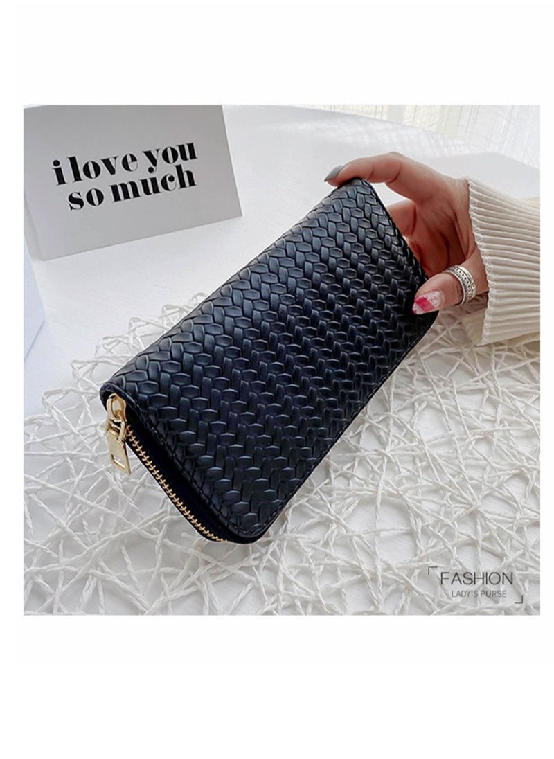 Fashionable PU leather woven wallet  zero wallet new trendy women's wallet  medium to long zipper handbag Black.