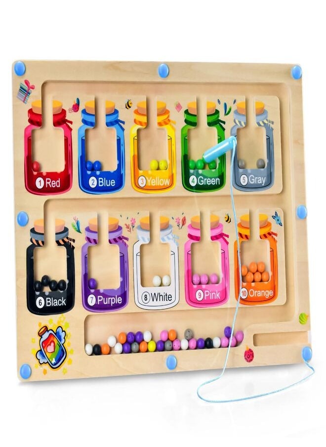 Magnetic Color and Number Maze for 3-5 Year Old Boys and Girls - Wooden Toddler Puzzle Board for Learning, Counting, and Fine Motor Skills Development