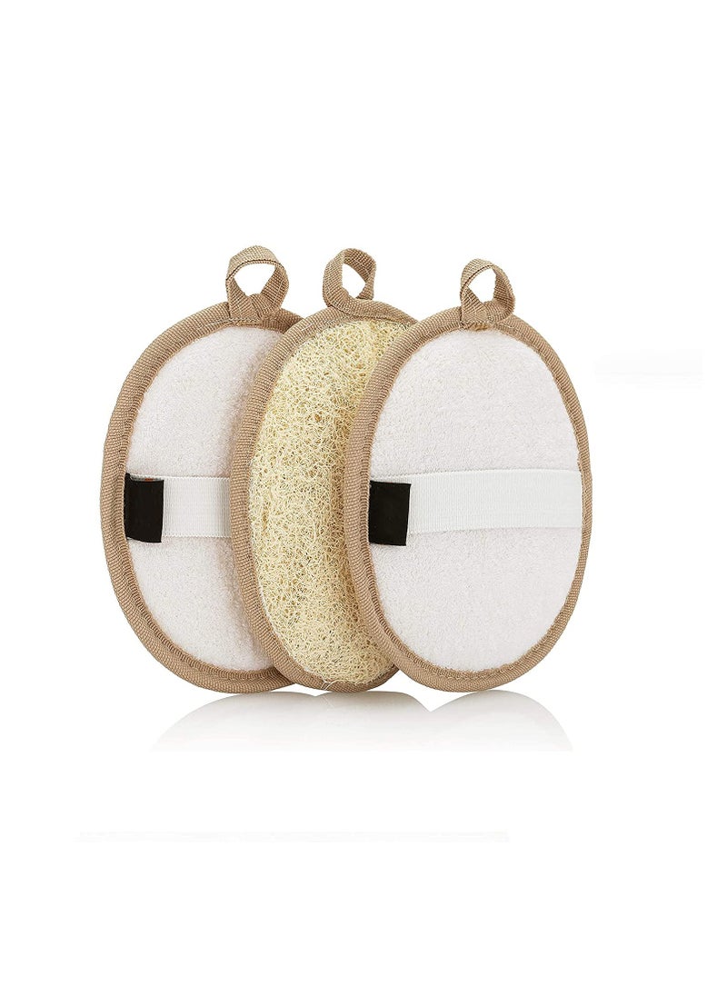 Natural Loofah Exfoliating Body Scrubber 3-Pack – Shower Sponges for Men and Women – Eco-Friendly Oval Bath and Body Exfoliators with Palm Straps Cotton Backing Pads and Linen Carry Bag