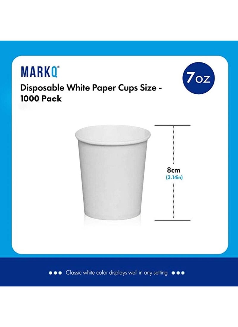 MARKQ [1000 Cups] 7oz White Paper Cups | Paper Cups for Hot & Cold Drinks | Disposable Cups for Home, Parties and Work