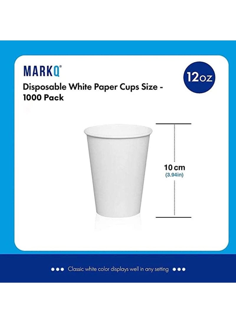 MARKQ [1000 Cups] 12 Oz White Paper Cups | Paper Cups for Hot & Cold Drinks | Disposable Cups for Hot Chocolate, Cocoa, Water, Coffee Cups