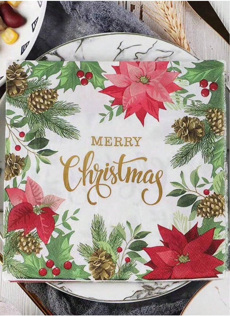 Merry Christmas Floral Napkins – 20 Sheets/Bag Holiday Tableware with Seasonal Floral Designs, Perfect for Dining and Entertaining