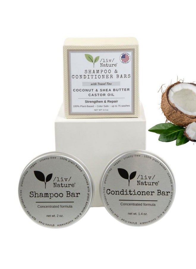 Shampoo Bar And Conditioner Set With Travel Case | Strengthen And Repair Dry Hair | Coconut, Castor Oil, Shea Butter | Made In Usa | 2-Pk