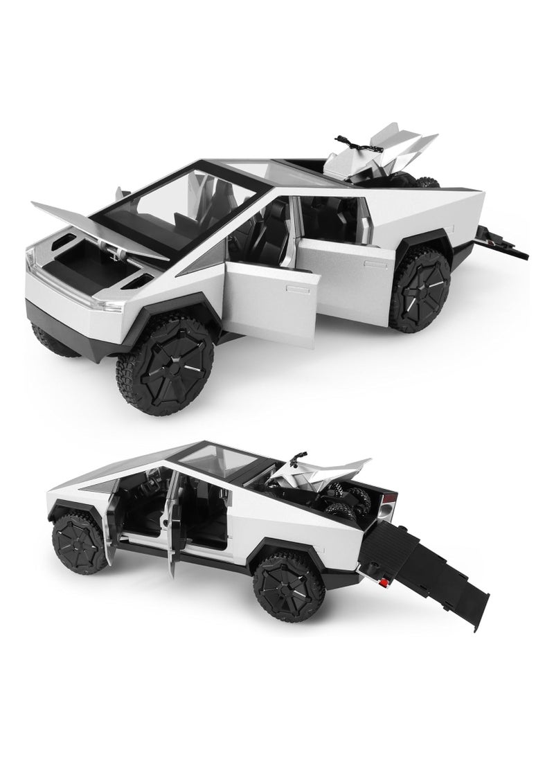 Tesla Cybertruck Pickup With Motorcycle Alloy Car Model Diecast Toy Vehicle Sound and Light Simitation Cars Model Toys Gift