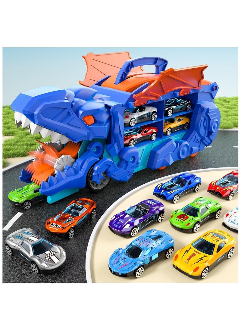 Toddler Truck Toys for 3 4 5 6 Years Old Boys, Toys Cars Track Set Dinosaur Transporter Truck with 8 Die-Cast Car Toys, Transforms into Dino, Toddler Car Toys Set for Kids