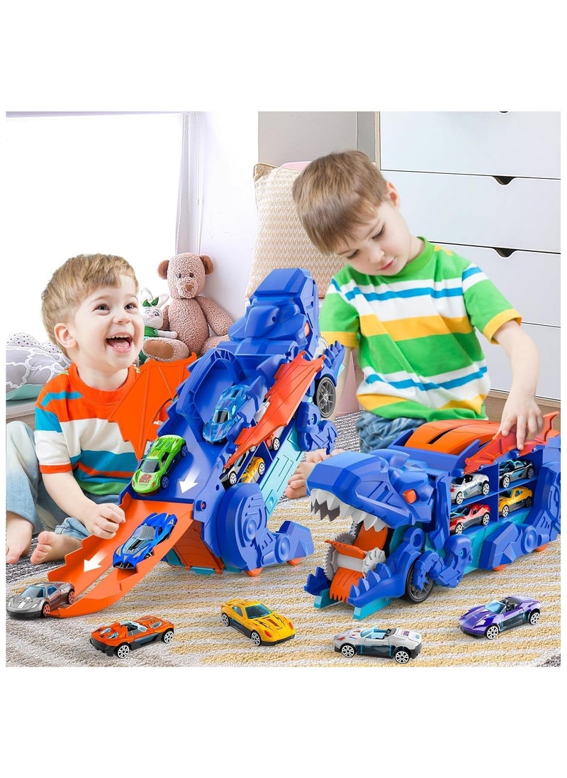 Toddler Truck Toys for 3 4 5 6 Years Old Boys, Toys Cars Track Set Dinosaur Transporter Truck with 8 Die-Cast Car Toys, Transforms into Dino, Toddler Car Toys Set for Kids