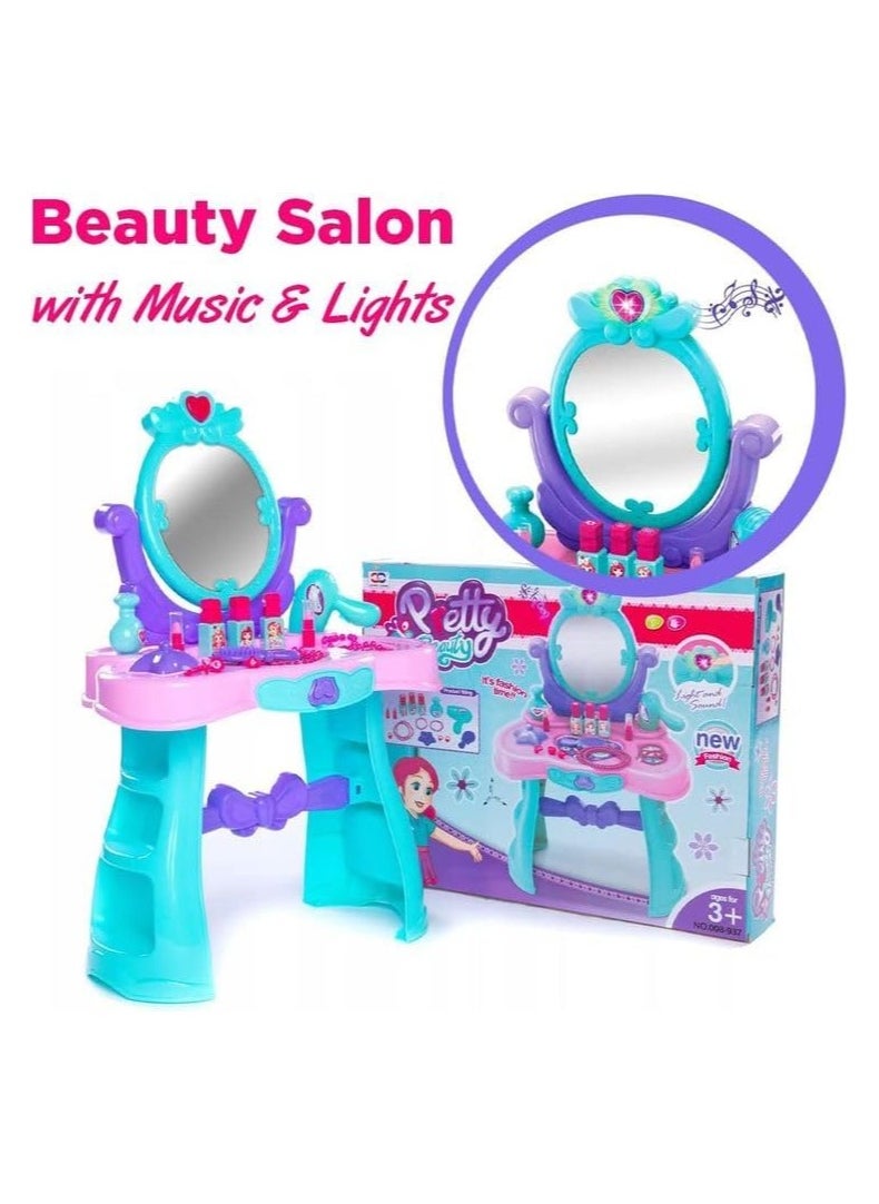 Toys for Girls Beauty Vanity Mirror Kids Toys - Pretend Play Princess Hair Styling & Beauty Salon with Dressing Table, Accessories, Hairdryer - Playset Birthday Gift Toys for Toddler, Little Girl
