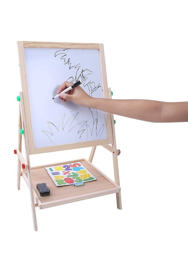 2 in 1 Kids Easel, Height Adjustable Double Sided Art Painting Activity Easel Stand Wooden Dry Erase Board with Whiteboard Chalkboard for Toddler Boys Girls