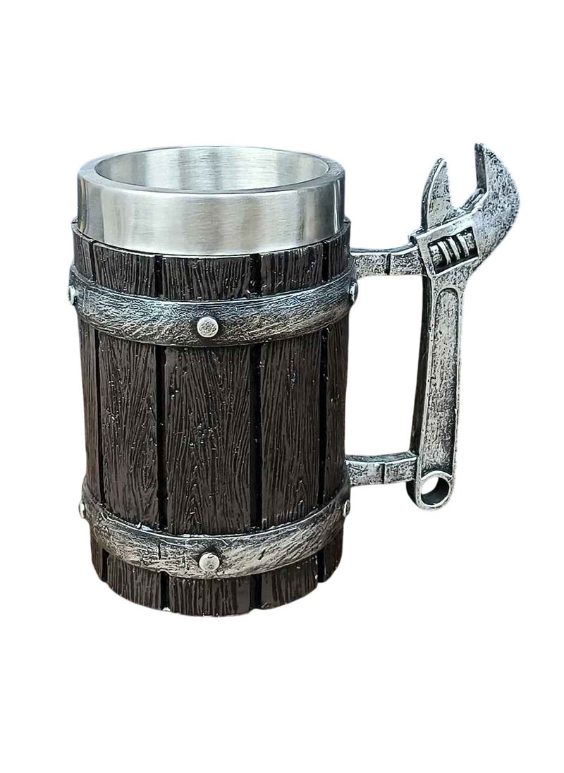 Viking Vintage Oak Barrel Mug, Stainless Steel Liner Coffee Cup, long lasting durable Large Capacity tea Mug, middle ages theme design mug for home party gift, (1pc, Wrench Design)