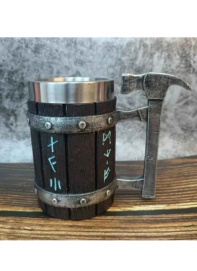 Viking Vintage Oak Barrel Mug, Stainless Steel Liner Coffee Cup, long lasting durable Large Capacity tea Mug, middle ages theme design mug for home party gift, (1pc, Hammer Design)