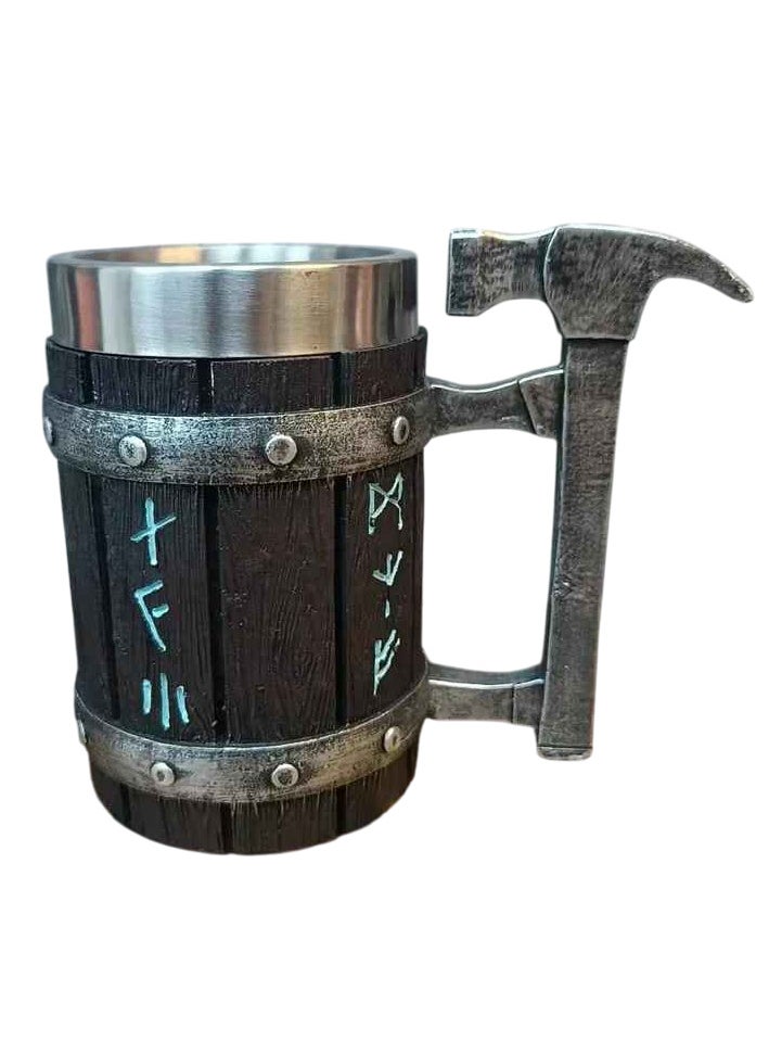 Viking Vintage Oak Barrel Mug, Stainless Steel Liner Coffee Cup, long lasting durable Large Capacity tea Mug, middle ages theme design mug for home party gift, (1pc, Hammer Design)