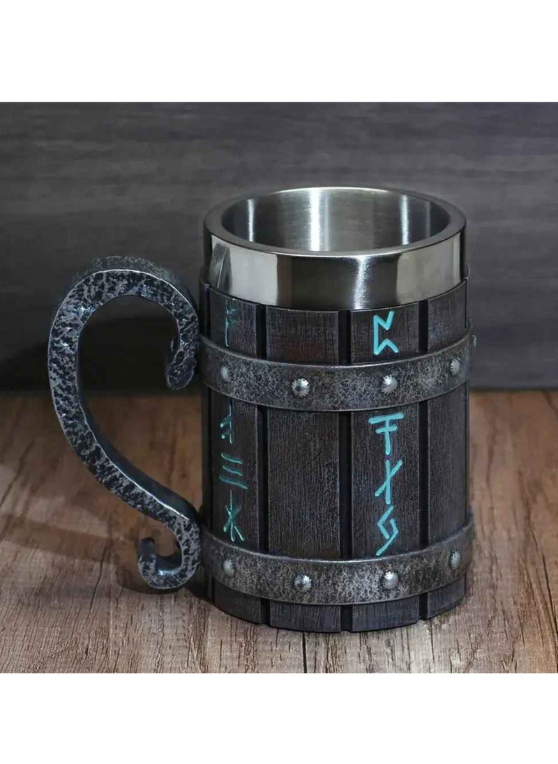 Viking Vintage Oak Barrel Mug, Stainless Steel Liner Coffee Cup, long lasting durable Large Capacity tea Mug, middle ages theme design mug for home party gift, (1pc, Handle )