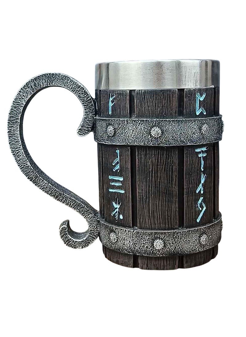 Viking Vintage Oak Barrel Mug, Stainless Steel Liner Coffee Cup, long lasting durable Large Capacity tea Mug, middle ages theme design mug for home party gift, (1pc, Handle )