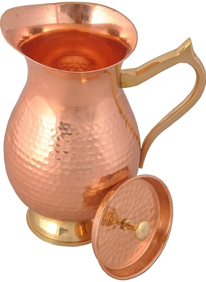 AVA DESIGNZ Handcrafted Hammered Copper Pitcher | Copper Jug with a Lid|Copper Carafe for Home, Hotel & Gifting (1100 ML)