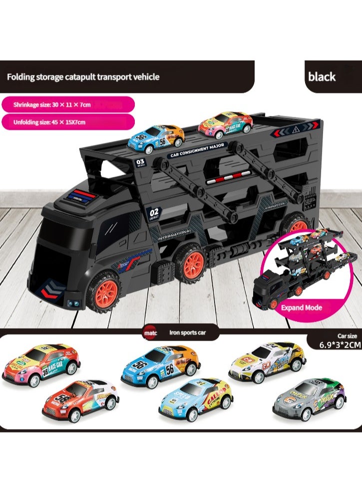 Transporter Car Playset, Catapult Track Truck with 6 Metal Racing Cars Foldable 4 Tier Storage Car Car Rack ，Expanded 45 cm Race Track for Kids Gifts for Ages 3 and Up, Birthday Gift (Black)