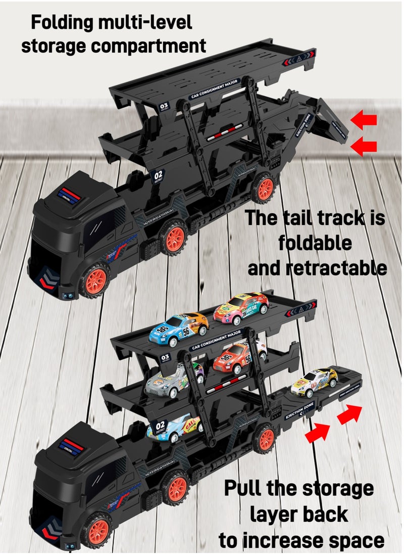 Transporter Car Playset, Catapult Track Truck with 6 Metal Racing Cars Foldable 4 Tier Storage Car Car Rack ，Expanded 45 cm Race Track for Kids Gifts for Ages 3 and Up, Birthday Gift (Black)