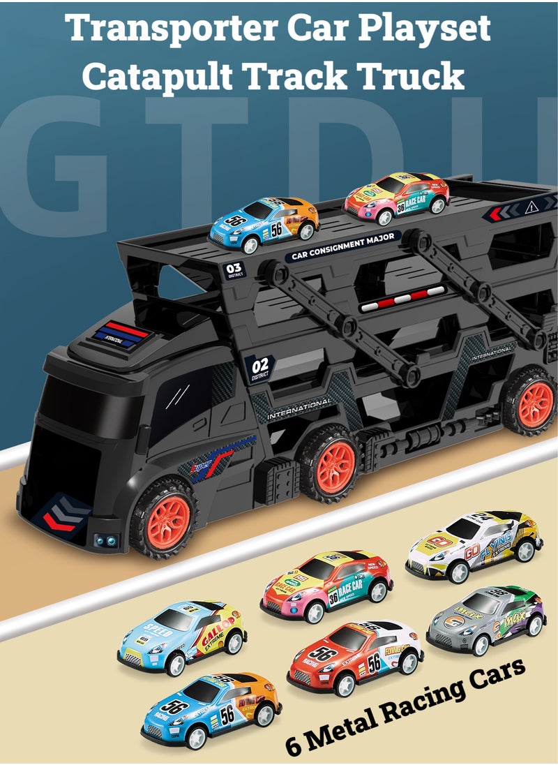 Transporter Car Playset, Catapult Track Truck with 6 Metal Racing Cars Foldable 4 Tier Storage Car Car Rack ，Expanded 45 cm Race Track for Kids Gifts for Ages 3 and Up, Birthday Gift (Black)