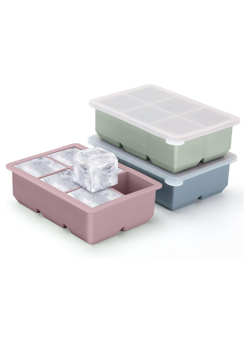 Ice Cube Tray, Ice Cube Maker (Pack of 3) - Flexible 6 Cavity Square Large Ice Cube Trays with Leak Proof Lid, Large Ice Cube Mold, Slow Melting Ice Cube for Chilling Cocktails, Drinks, Juice