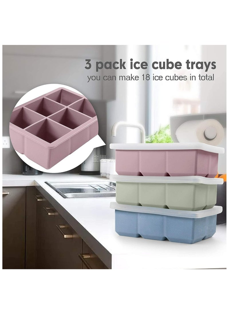 Ice Cube Tray, Ice Cube Maker (Pack of 3) - Flexible 6 Cavity Square Large Ice Cube Trays with Leak Proof Lid, Large Ice Cube Mold, Slow Melting Ice Cube for Chilling Cocktails, Drinks, Juice