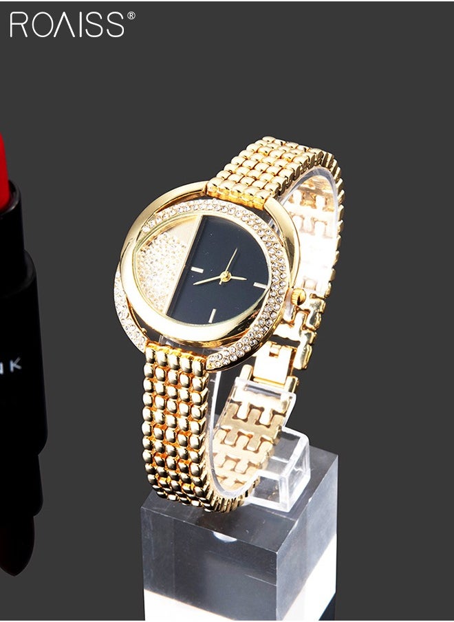 2 Pcs Quartz Watch Set for Women Elegant Round Quartz Wristwatch with Titanium Steel Bracelet Set Shining and Beautiful Watches as Gift for Ladies Gold
