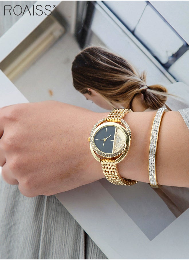 2 Pcs Quartz Watch Set for Women Elegant Round Quartz Wristwatch with Titanium Steel Bracelet Set Shining and Beautiful Watches as Gift for Ladies Gold
