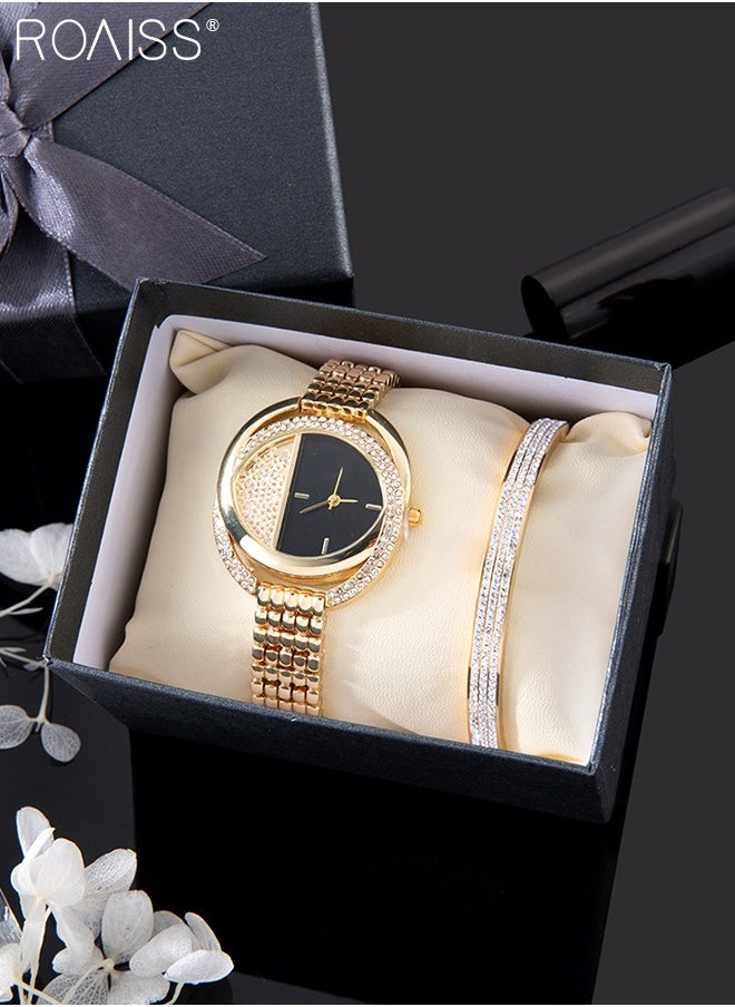 2 Pcs Quartz Watch Set for Women Elegant Round Quartz Wristwatch with Titanium Steel Bracelet Set Shining and Beautiful Watches as Gift for Ladies Gold