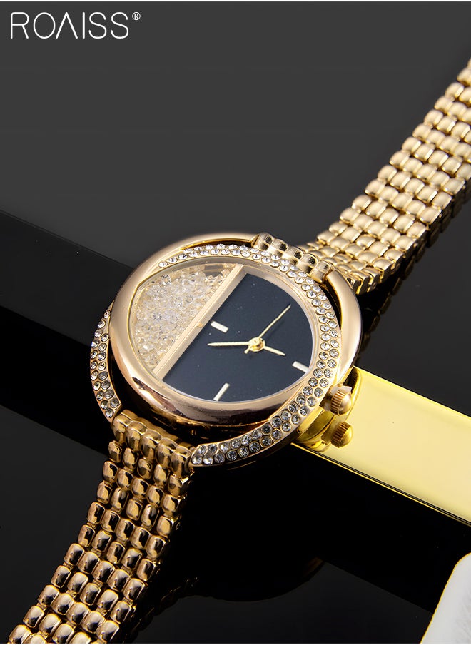 2 Pcs Quartz Watch Set for Women Elegant Round Quartz Wristwatch with Titanium Steel Bracelet Set Shining and Beautiful Watches as Gift for Ladies Gold