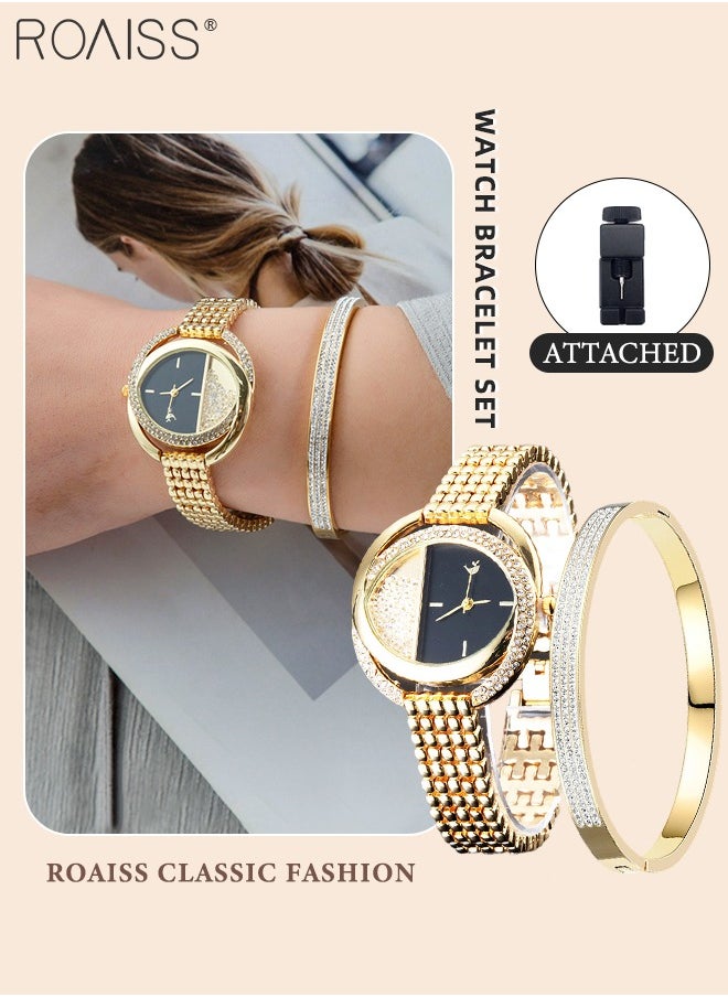 Alloy Strap Bracelet Watch for Women Analog Display Round Dial Quartz Watch with Bracelet Decorated with Rhinestones 2 Pieces Elegant Watch Set as Gift for Ladies Gold