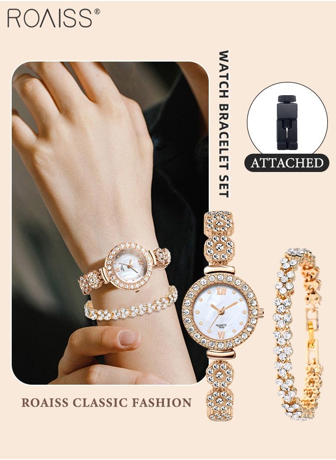 2PCS Women's Alloy Strap Bracelet Watch Set Analog Display Round Dial Quartz Watch with Heart Bracelet Decorated with Rhinestones Elegant Watch Set as Gift for Ladies Rose Gold