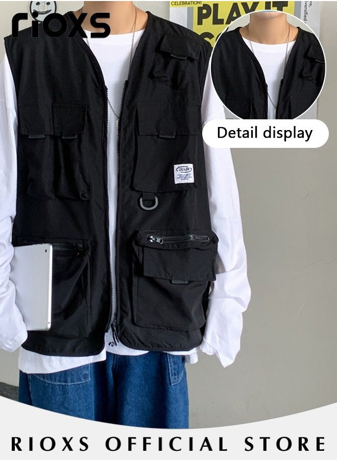 Men's Loose Cargo Utility Vest Multi Pockets Sleeveless Jacket for Fishing Travel Outdoor Activities